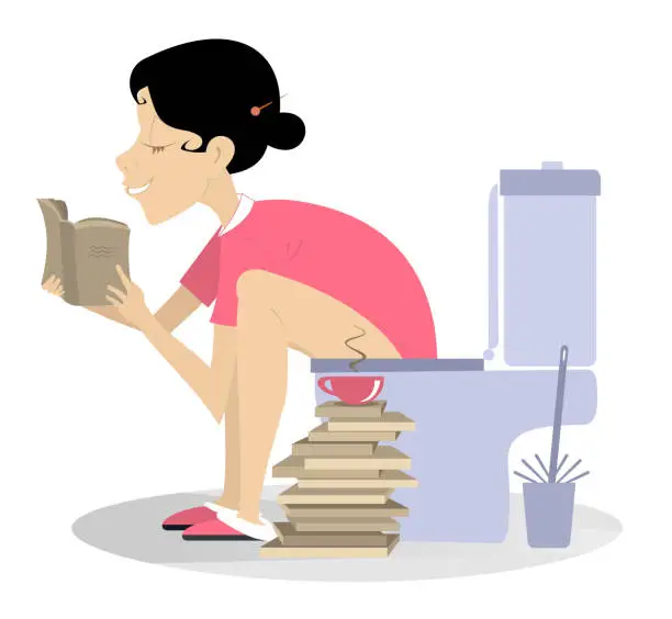 Vector illustration of Woman in toilet reading a book. Using toilet