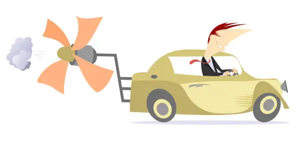 Vector illustration of Man rides a car with propeller. Ecologically clean transport