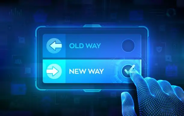 Vector illustration of Old Way or New Way. Making decision. Adapting to change, improvement and change management business concept. Hand on virtual touch screen ticking the check mark on New Way button. Vector illustration.