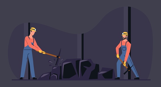 Miners with picks work in coal mine. Male character in uniform and helmet hard working, quarry digging fossil with pick. Cartoon flat style isolated illustration. Vector extraction industry concept