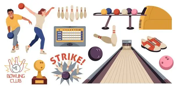 Vector illustration of Cartoon bowling isolated elements. Players characters, happy couple rolls balls, sports game, skittles and track, reward and scoreboard, entertainment center, leisure activity tidy vector set