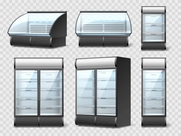 Vector illustration of Fridges and showcases. Realistic supermarket refrigeration equipment, horizontal and vertical cooling cases, black case and glass doors, 3d isolated elements utter vector set