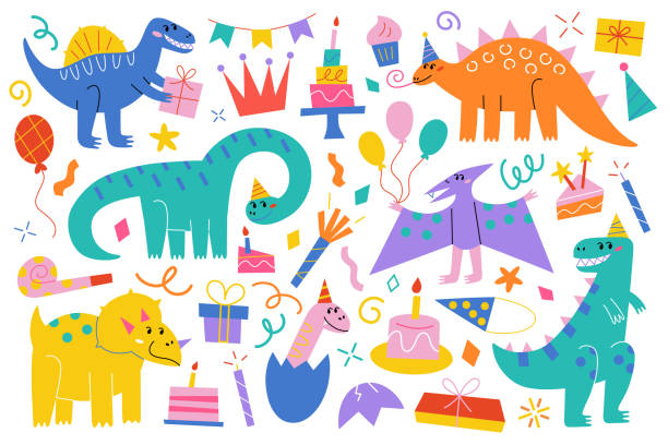 Funny dinosaurs birthday party, hand drawn tyrannosaurus, collection of birthday cakes, doodle hats, kid drawing vector illustrations for greeting cards, invitations Funny dinosaurs birthday party, hand drawn tyrannosaurus, collection of birthday cakes, doodle hats, kid drawing vector illustrations for greeting cards, invitations, adorable childish raptors set, isolated colored clipart on white background dinosaur birthday stock illustrations