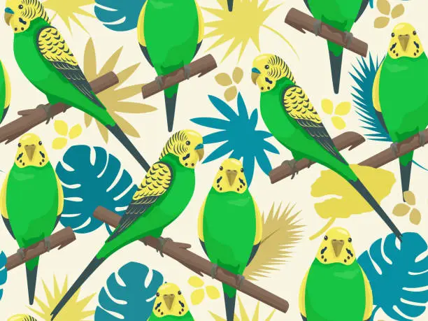 Vector illustration of Vector love parrots seamless pattern. Cartoon cute colorful budgerigars sitting on palm branch. Talking bright budgie family with tropical leaves. Creative style summer beach print