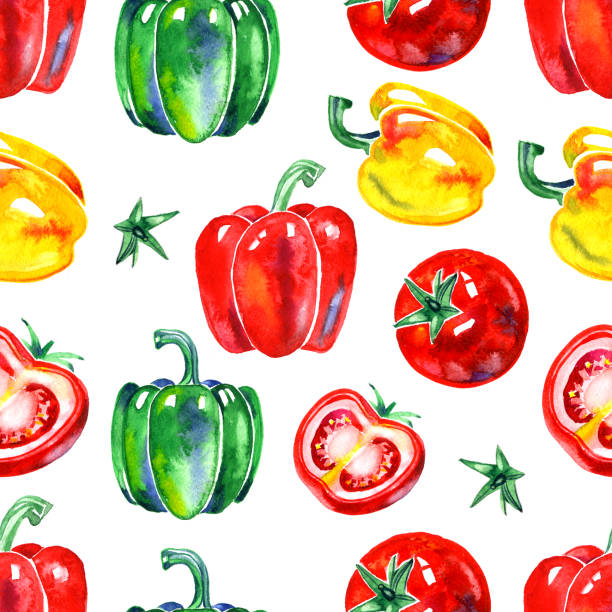 ilustrações de stock, clip art, desenhos animados e ícones de watercolor vegetables seamless pattern. fresh healthy food background. agriculture, local farm market, diet, organic cooking illustration - agriculture backgrounds cabbage close up