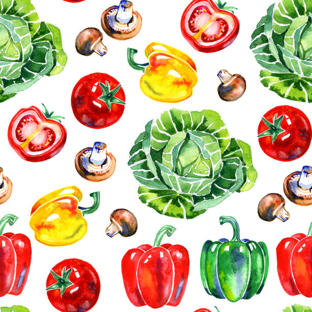 ilustraciones, imágenes clip art, dibujos animados e iconos de stock de acuarela vegetales patrón sin costuras. fondo de alimentos frescos y saludables. agricultura, mercado agrícola local, dieta, ilustración de cocina orgánica - agriculture backgrounds cabbage close up