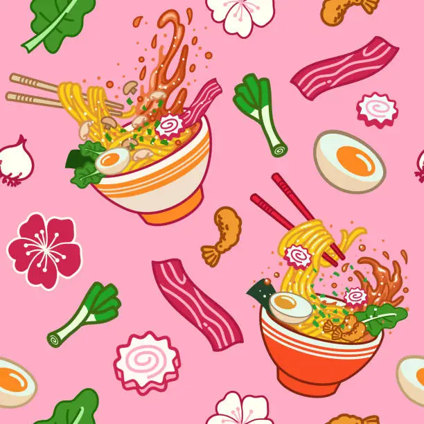 Vector illustration of Anime seamless background of japanese ramen food