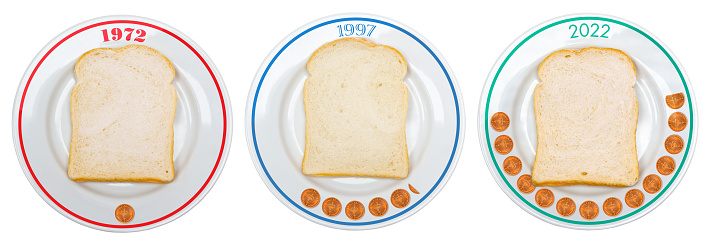 Illustrating the effect of inflation on the price increases on the cost of staple foods such as bread over a measure period of time. Fifty years are covered between 1972 and 2022 where thaere have been periods of significant inflation and occasional deflation.Taking an 800 gram White Loaf of Sliced Bread, with 20 slices, inflation can be demonstrated by using the newly introduced decimal coin of a Half Penny as a basic unit of cost.  In 1972 a single slice of bread would have cost a single half penny - that is 0.5pence25 years later in 1997 a single slice of the same size loaf of bread would have cost a 2.6 pence - a fraction more than FIVE TIMES the cost in 1972A further 25 years later in 2022 a single slice of the same size loaf of bread would now cost a 13.8 pence - ALMOST FOURTEEN TIMES times the cost in 1972 and more than FIVE TIMES the cost in 1997.