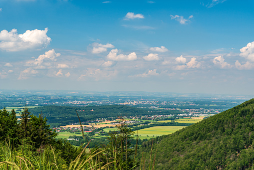 View from Prasiva hill in Moravskoslezske Beskydy mountains in Czech republic during summer warm day
