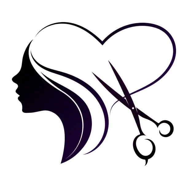 Vector illustration of Silhouette of a girl with a lock of hair in the form of a heart and scissors