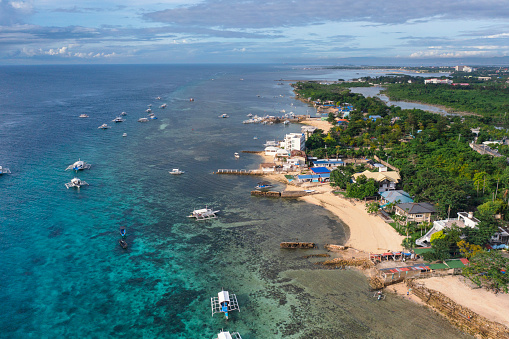 Aerial view of the coast of Mactan island outside Cebu where many resorts and hotels are located.