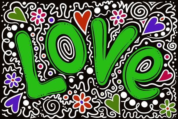 ilustraciones, imágenes clip art, dibujos animados e iconos de stock de doodled psychedelic love text sobre fondo negro - lime green illustrations