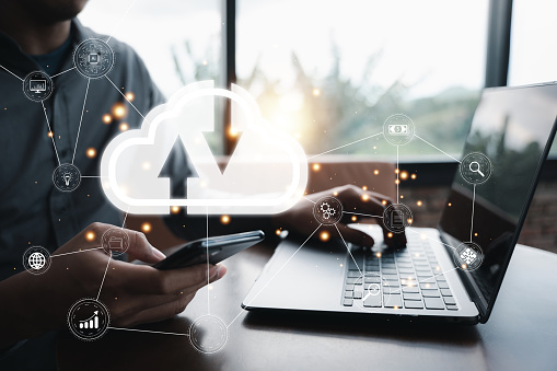 Management dashboard transformation concept, People touching virtual screen to analyze business performance. Big Data Analytics, Cloud Computing, IoT