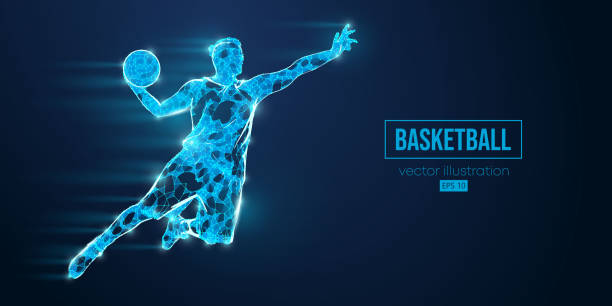 istock Abstract wireframe basketball player man from triangles and particles on blue background in action, isolated. Vector illustration 1499947989