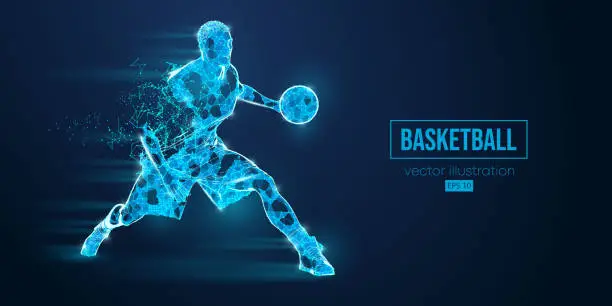 Vector illustration of Abstract wireframe basketball player man from triangles and particles on blue background in action, isolated. Vector illustration