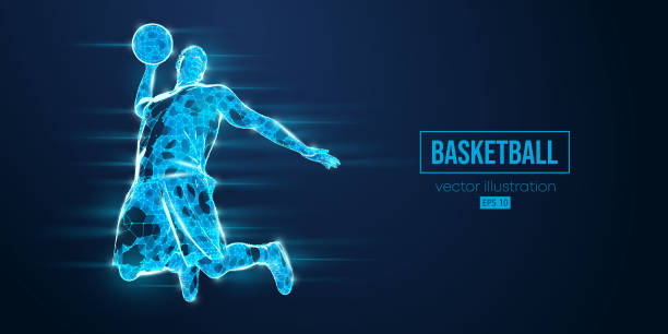 istock Abstract wireframe basketball player man from triangles and particles on blue background in action, isolated. Vector illustration 1499948003