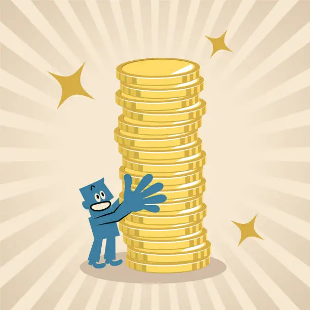 Vector illustration of A smiling blue man holds a stack of gold coin money