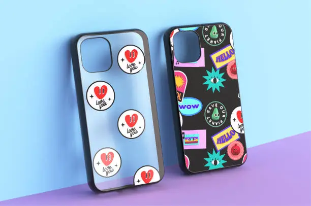 Photo of Trendy mobile phone case design. Retro style stickers texture on blue-purple background. Wallpaper, marketing, advertising design illustration. 3d render image.