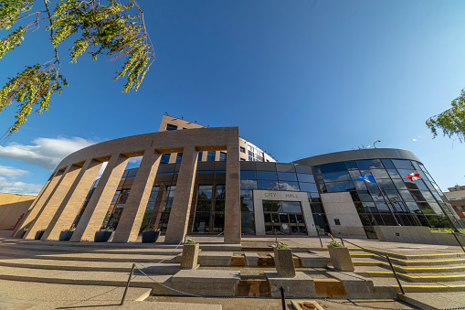 Lethbridge, Alberta, Canada. Jun 19, 2023. A wide angle view of the Lethbridge city hall building