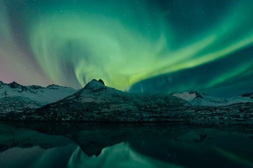 Northern Lights, polar light or Aurora Borealis in the night sky over the Lofoten islands in Northern Norway. Wide panoramic image with snow covered mountains and a lake in the foreground.