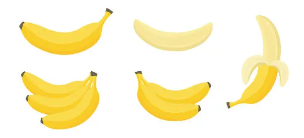 Vector illustration of Cartoon bananas. Peel banana, isolated on white background, banana icon vector illustration set