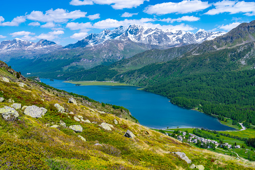 A view of Lake Silvaplana and the Engadine from above. Maloja pass.