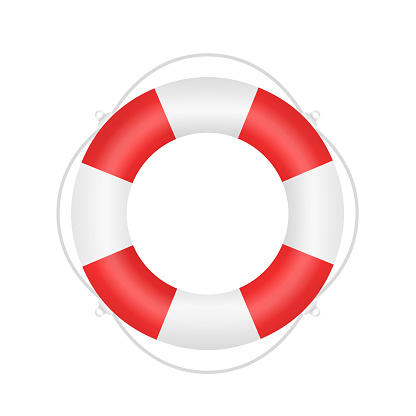 Life Buoy. Help SOS Concept. Shipwreck rescue equipment. Inflatable sos, help symbol. Survival water float. Vector white and red lifeguard. Travelling and adventure symbol. Vector illustration