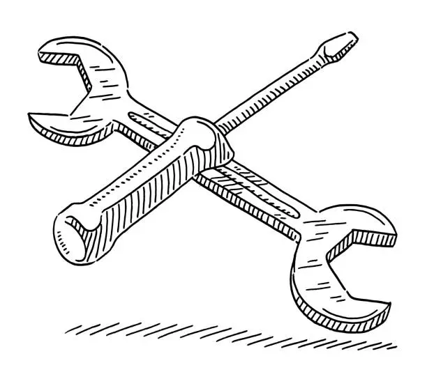 Vector illustration of Screwdriver And Wrench Tools Drawing