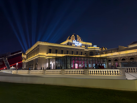 Doha, Qatar - April 24, 2023: Katara Cultural village view of Galeries Lafayette, Katara Mall popular touristic destination in Doha, Qatar