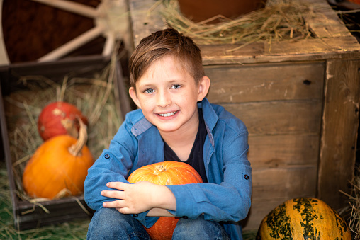 smiling happy boy holding a pumpkin, sitting on the hay on a farm among pumpkins