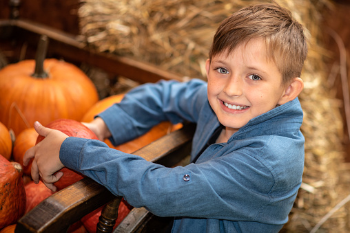smiling happy boy holding a pumpkin, sitting on the hay on a farm among pumpkins