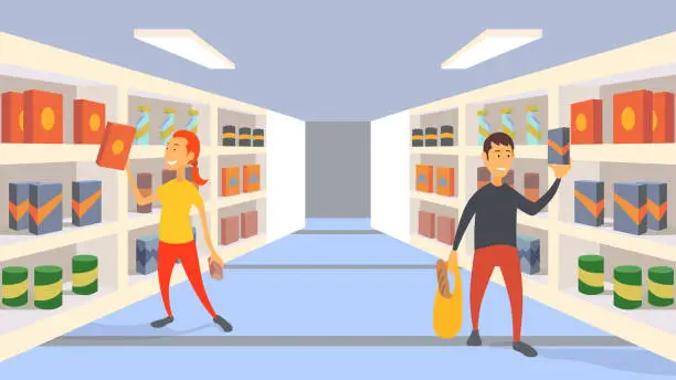 Vector illustration of Two people are shopping at the supermarket.