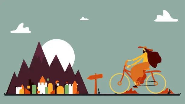 Vector illustration of Woman ridding bike with village