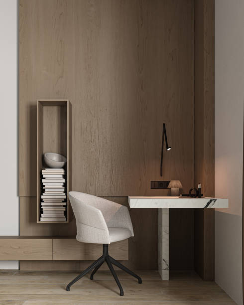 istock Home interior office with marble table, wood panel wall, chair and decor in minimalism style cabinet. Many books and minimalist modern lamp. 3d rendering. High quality 3d illustration 1499955273