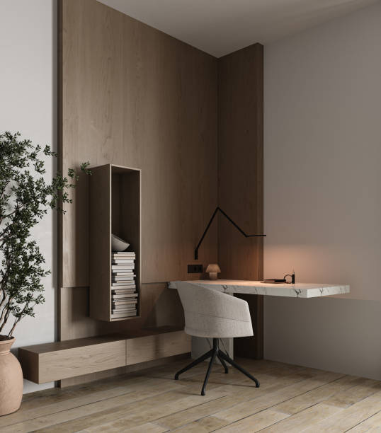 istock Home interior office with marble table, wood panel wall, chair and decor in minimalism style cabinet. Many books and minimalist modern lamp. 3d rendering. High quality 3d illustration 1499955277