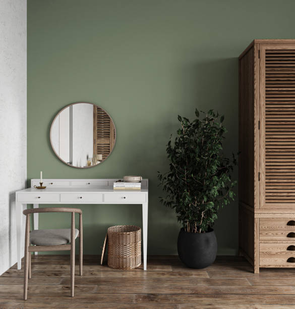 istock Realistic blank empty space on stylish modern dressing table for beauty make up cosmetic skincare with round mirror. 3d rendering. High quality 3d illustration 1499955313