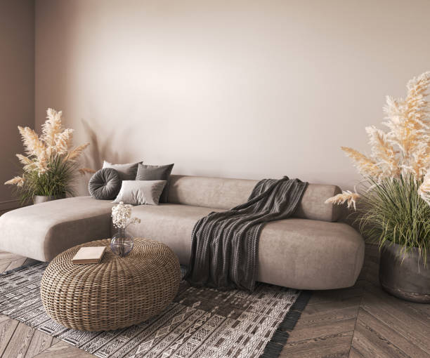 istock Modern coastal classic interior. Design livingroom with decorative carpet, wicker coffee table and dry grass. Mockup empty wall and wooden furniture. 3d rendering. High quality 3d illustration 1499955385