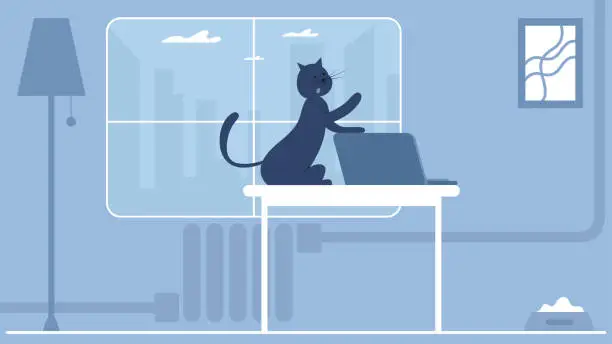 Vector illustration of Cat on a work desk at home