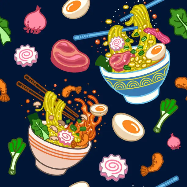 Vector illustration of Seamless pattern of japanese ramen and ingredient vector illustration