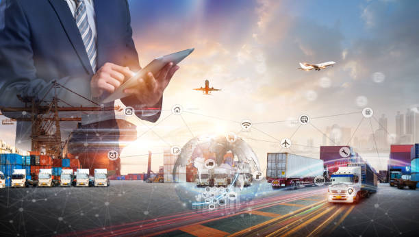 istock Smart technology logistics concept,  Businessman touching virtual screen world map of Global logistics network distribution, Air cargo trucking, Rail transportation and maritime shipping, Online goods orders worldwide 1499958892