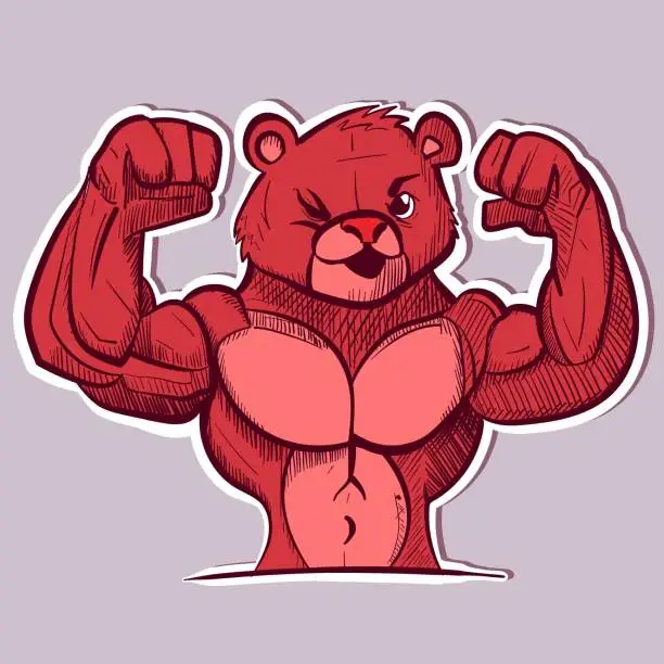 Vector illustration of Digital art of a muscular animal flexing and showing his muscles. Vector of a bodybuilder strong bear going to the gym and doing fitness