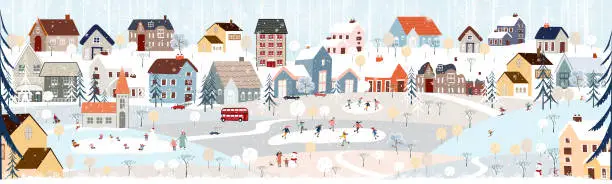 Vector illustration of Christmas background,Winter Landscape in Christmas eves at night in City,Vector cute cartoon Winter Wonderland in the town,People celebration in the park on New Year,Banner Design for Holiday season