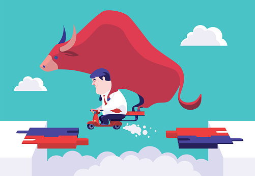 vector illustration of businessman carrying bull on scooter and jumping over broken puzzle bridge