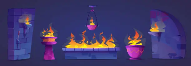 Vector illustration of Set of flames in cartoon style. Burning torch, bowl, pedestal. Hanging fire bowl on a hook. Elements of stone and brick wall with lever. Ancient ruins, dungeon, adventure. Vector illustration.