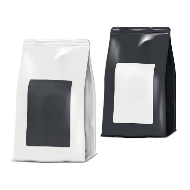 istock Black and white plastic bags with blank label stickers vector mock-up. Gusseted package realistic mockup. Template for design 1499961851