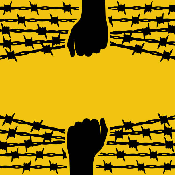 ilustrações de stock, clip art, desenhos animados e ícones de human rights day. landing page template, banner with text for human freedom day. - barbed wire wire chain vector