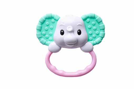 Baby elephant teething toy isolated on white background.
