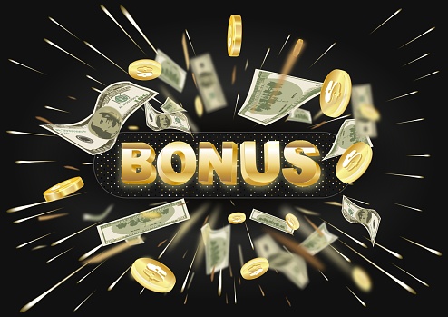 A shining golden bonus sign, against the background of flying gold coins and paper dollar bills. Vector.