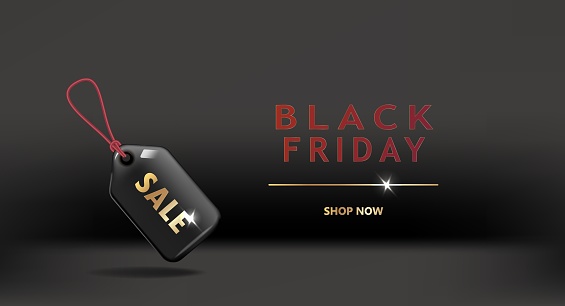 Black Friday vector banner or poster with modern dark 3D geometry design and price tag symbol. Discount, special offers promotion, shopping advertisement.