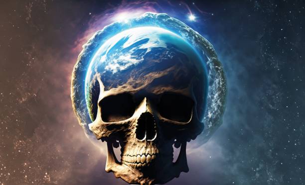 宇宙の背景に頭蓋骨の地球